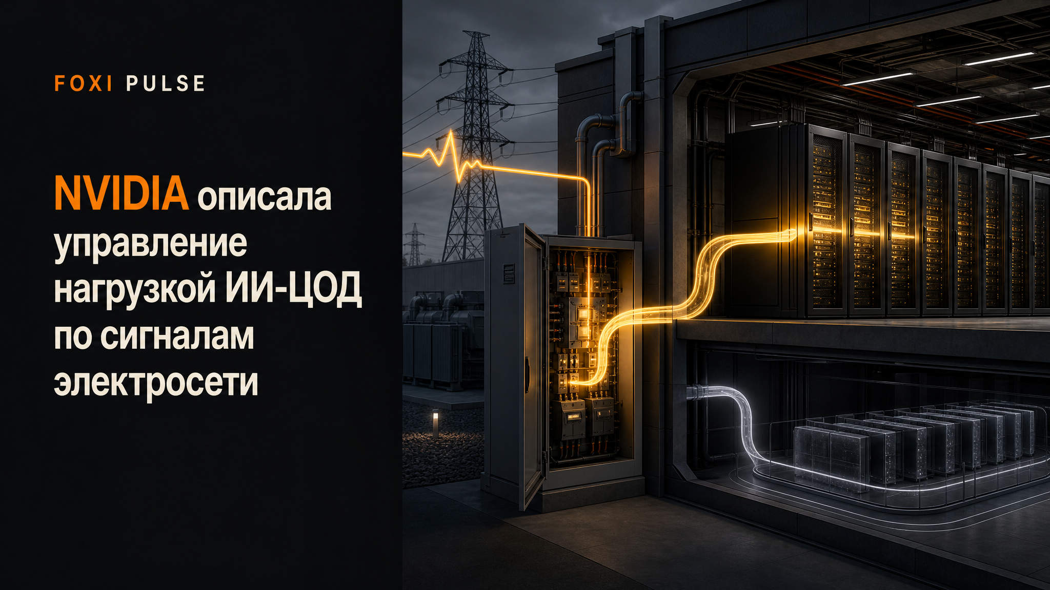 Сигнал электросети входит в ИИ-ЦОД: приоритетные серверы продолжают работу, а некритичные вычисления приглушаются и ждут.