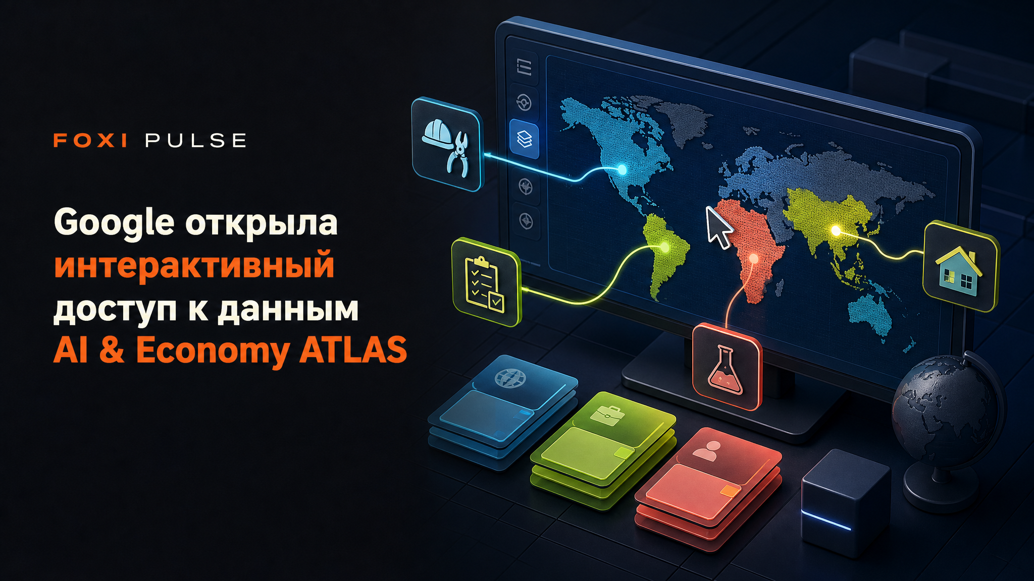 Интерактивный цифровой атлас: карта мира и фильтры связывают данные об использовании ИИ в профессиях, странах и быту.