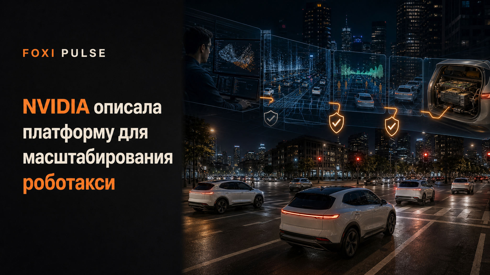 Ночные беспилотные такси на перекрёстке; вокруг показан единый цикл платформы NVIDIA: обучение, симуляция, проверка безопасности и бортовые вычисления.