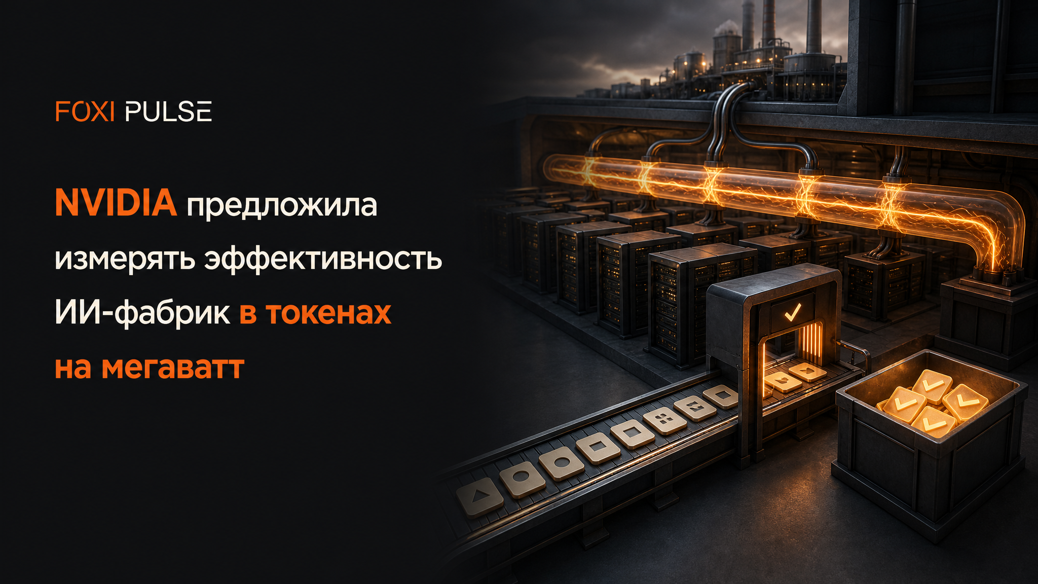 Концептуальная ИИ-фабрика: серверные ряды получают энергию от общей шины, а подтверждённые токены проходят по конвейеру проверки.