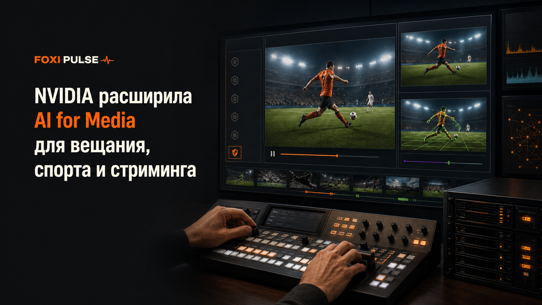 На экране видеомонтажа кадр проходит проверку подлинности, рядом показаны варианты локализации и анализа спортивной трансляции.